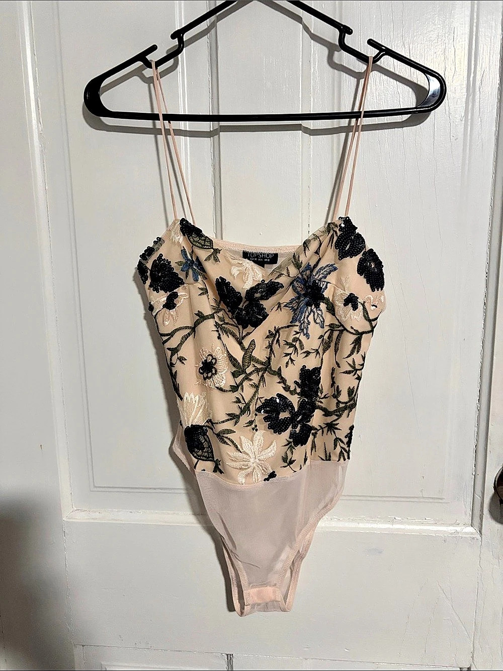 Topshop Embroidered Sequin Mesh Bodysuit Floral Pink & Black US 6